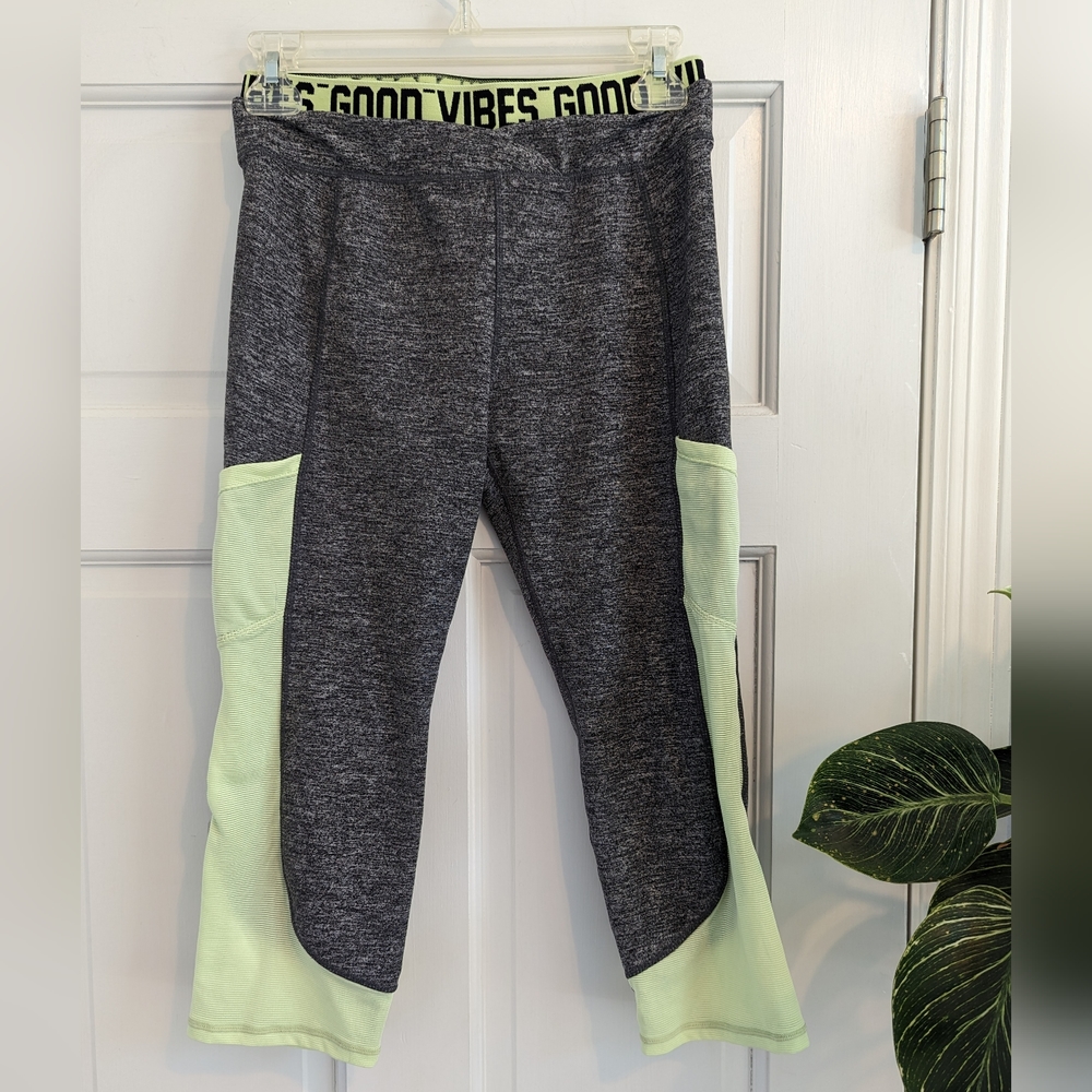 Cropped Leggings with Neon Green Side Pockets- Good Vibes lettering